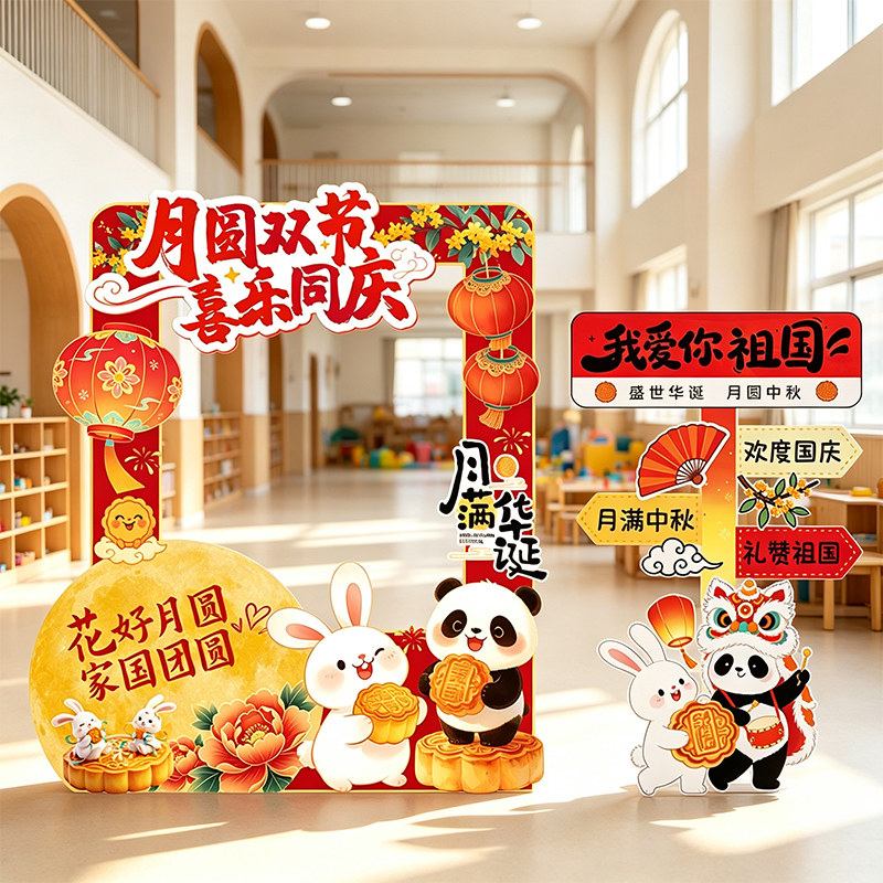 幼儿园中秋国庆氛围布置KT板打卡拍照道具仪式感氛围场景装饰图片