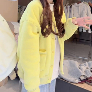 复古减龄加绒加厚开衫外套女款2025冬季新款慵懒风宽松棒球服上衣