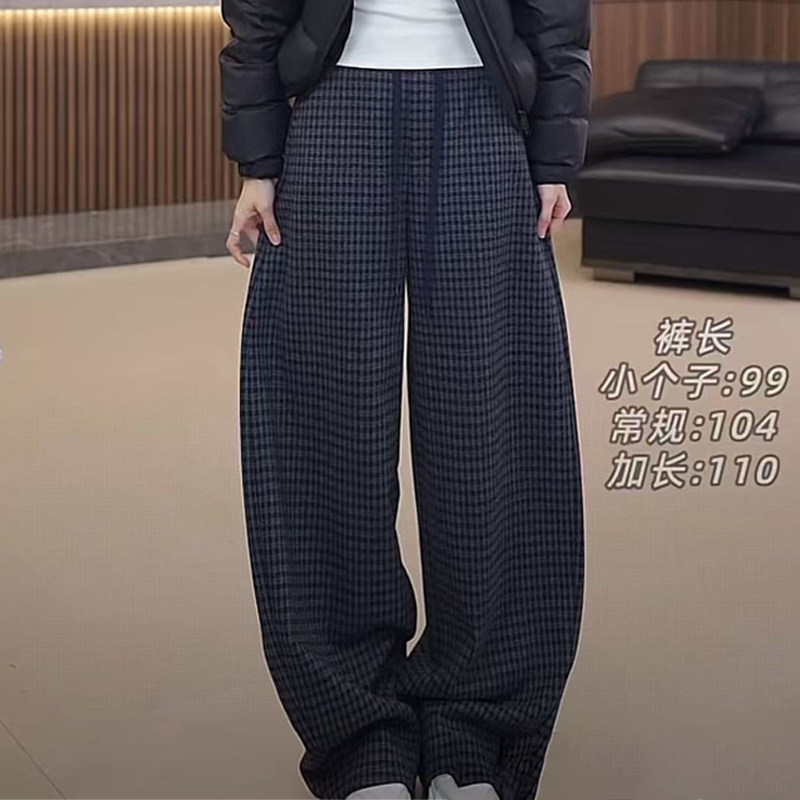 韩版格纹松紧腰垂感加绒阔腿裤女休闲裤