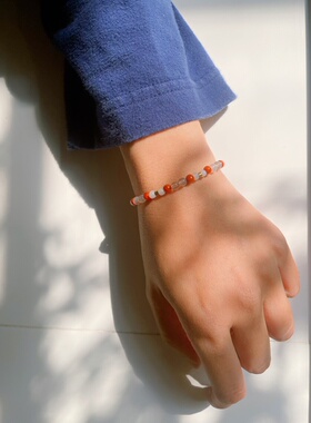 原创日系叠戴琉璃珠搭配黄铜天然玛瑙串珠手链女款红色手串