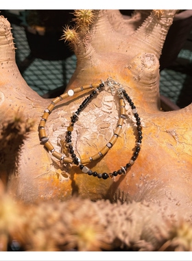 原创黑玛瑙小珠木质筒珠黑胆石银饰串珠手链手串叠戴百搭