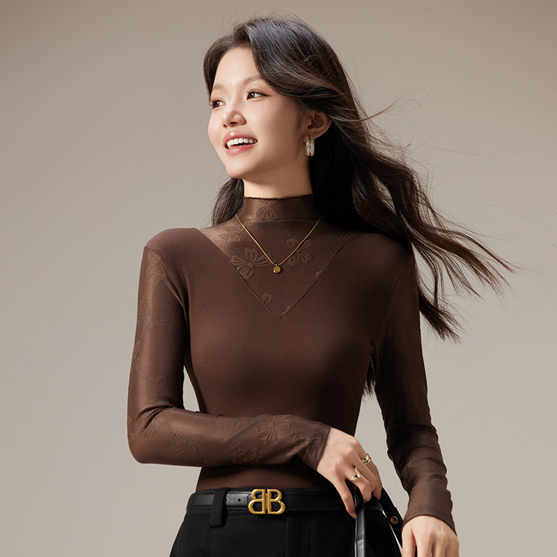秋冬OL高级感修身显瘦蕾丝半高领打底衫女士舒适人棉保暖内衣洋气