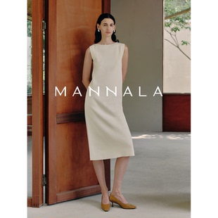 MANNALA丨“霜白裙”智性优雅船领加厚美丽诺羊毛无袖背心连衣裙
