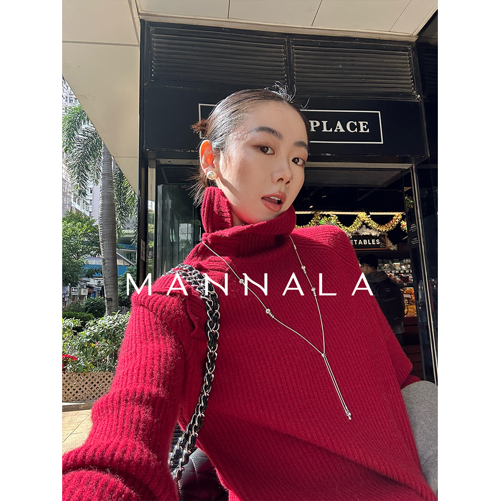 MANNALA丨“冷香红”珍稀山羊绒羊毛云柔感中式盘扣高领毛衣Q4865