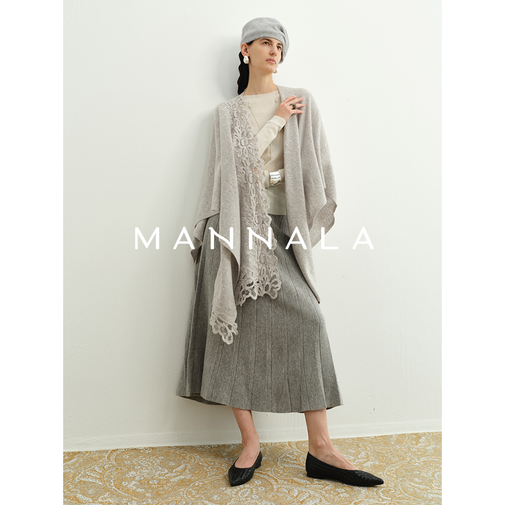 MANNALA丨“自由褶”手工压线美利奴羊毛松紧腰女士白色长裙Q9183