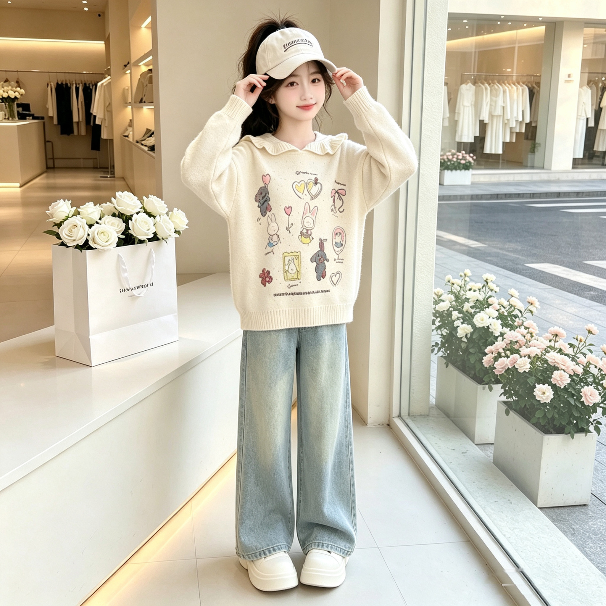 女童秋装休闲套装2026新款韩版洋气女孩春秋毛衣牛仔裤两件套百搭