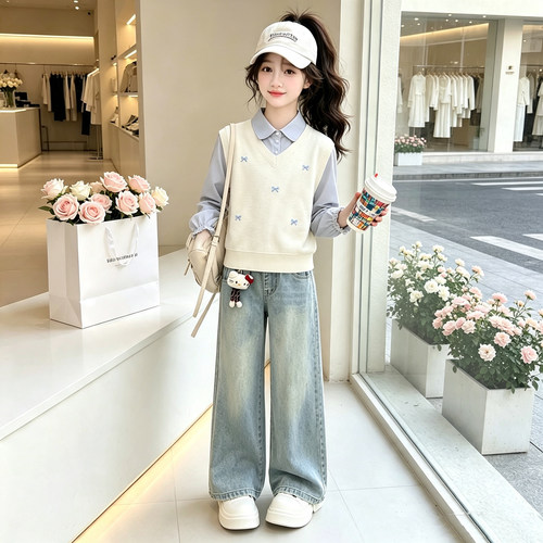 女童早秋装2026新款中大童巨好看假两件上衣牛仔裤套装儿童两件套