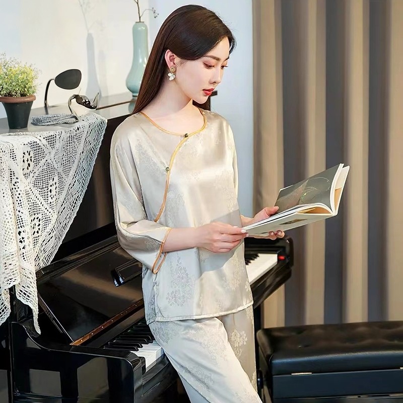 秋冬长短袖新款香槟色新中女人式国风冰丝2件套装礼品家居服睡衣