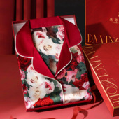 2025年四季 新款 高级长袖 达芬奇密码 长裤 油画玫瑰仿丝绸睡衣女国风