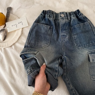 2026眯眯眼春季 直筒裤 新品 宝宝工装 男女童纯色口袋牛仔裤 儿童长裤