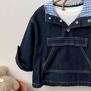 宝宝连帽外套潮 男女童纯色牛仔套头衫 儿童外套2026眯眯眼春季 新品