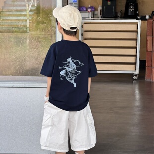 童酷2025男童夏款湖州织里童装洋气光变前后哪吒刺绣儿童短袖T恤
