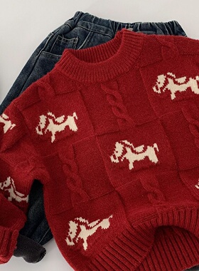 麦宝儿童红色毛衣2026冬季新款男女童方块小马针织衫童装新年喜庆