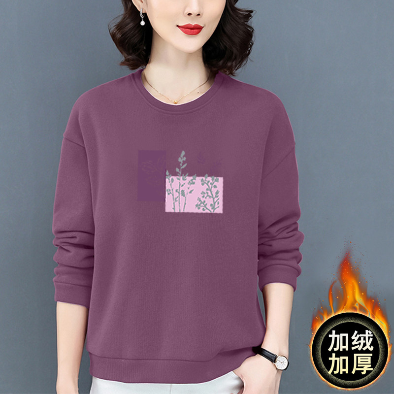 加绒卫衣女2024新款秋冬装加厚中年女士宽松大码妈妈春秋上衣圆领