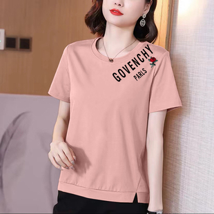 妈妈t恤女士夏装 夏季 新款 中年女装 上衣洋气体恤 宽松大码 纯棉短袖