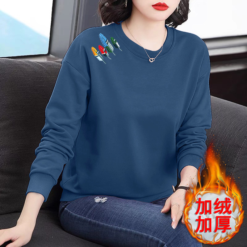 加绒加厚卫衣女秋冬季圆领中年妈妈女士宽松休闲时尚洋气保暖上衣