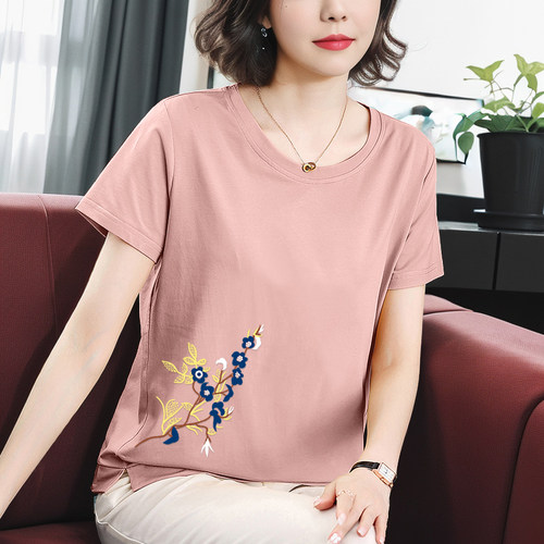 纯棉短袖t恤女大码中老年妈妈装夏季新款圆领上衣中国风休闲女装