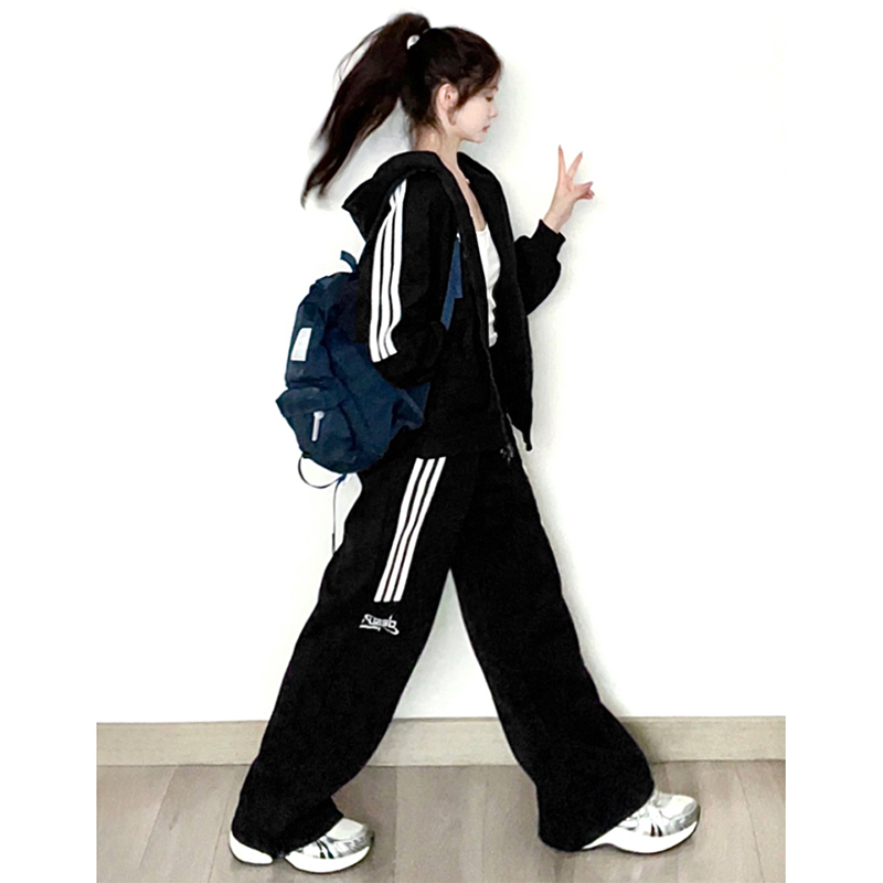 美式复古运动服套装大码连帽卫衣