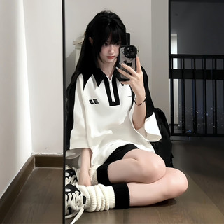 美式学院风运动套装女夏季宽松韩版polo领短袖短裤学生休闲两件套
