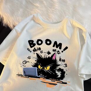 宽松大码 猫咪美式 新款 t恤女男夏季 T情侣上衣 复古260g重磅纯棉短袖