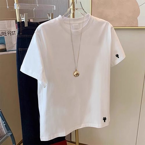 新款夏季设计感白色260g纯棉短袖t恤男女宽松百搭休闲简约ins上衣
