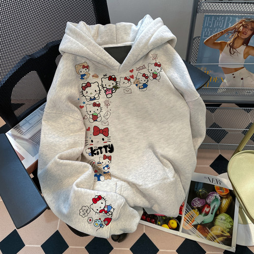 hellokitty纯棉卫衣女初中生洋气减龄百搭秋冬季连帽上衣外套女童