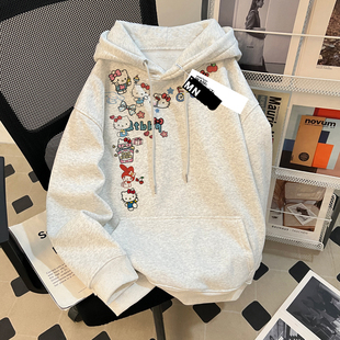 加绒加厚纯棉连帽卫衣女童大人春秋冬季外套新款卡通凯蒂猫中大童