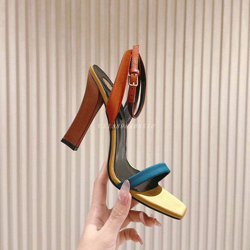 外贸女王性感粗高跟凉鞋女外穿真丝拼色气质名媛御姐斩男大码42