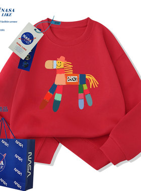 NASA儿童红色卫衣秋冬季2026属马本命年衣服衣服男童女童加绒上衣