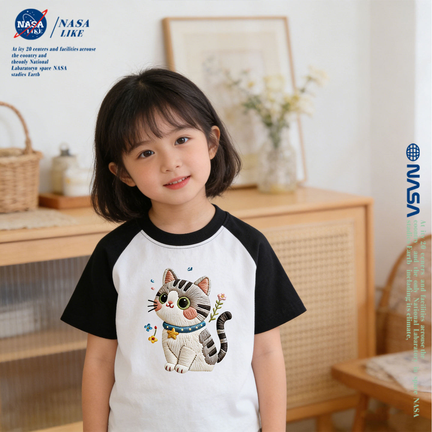 NASA联名仿刺绣猫咪儿童女童时尚纯棉插肩袖短袖T恤中大童夏季潮t