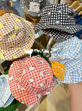 26ss新品日单儿童格子满印卡通kt布丁玉桂渔夫帽太阳帽遮阳帽