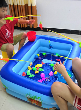 钓鱼玩具儿童磁性鱼益智戏水长方池加厚男女宝宝小猫钓鱼玩具池套