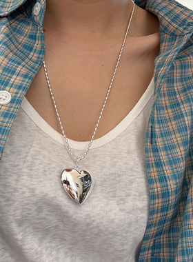 纯银光面大爱心米粒长项链女