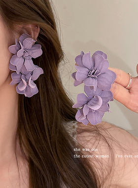 超仙韵味紫色花朵耳环女高级感流苏耳饰度假风耳钉耳坠方圆脸配饰