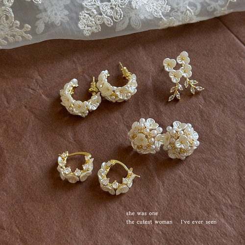 法式超仙贝壳花朵仿珍珠耳环女士