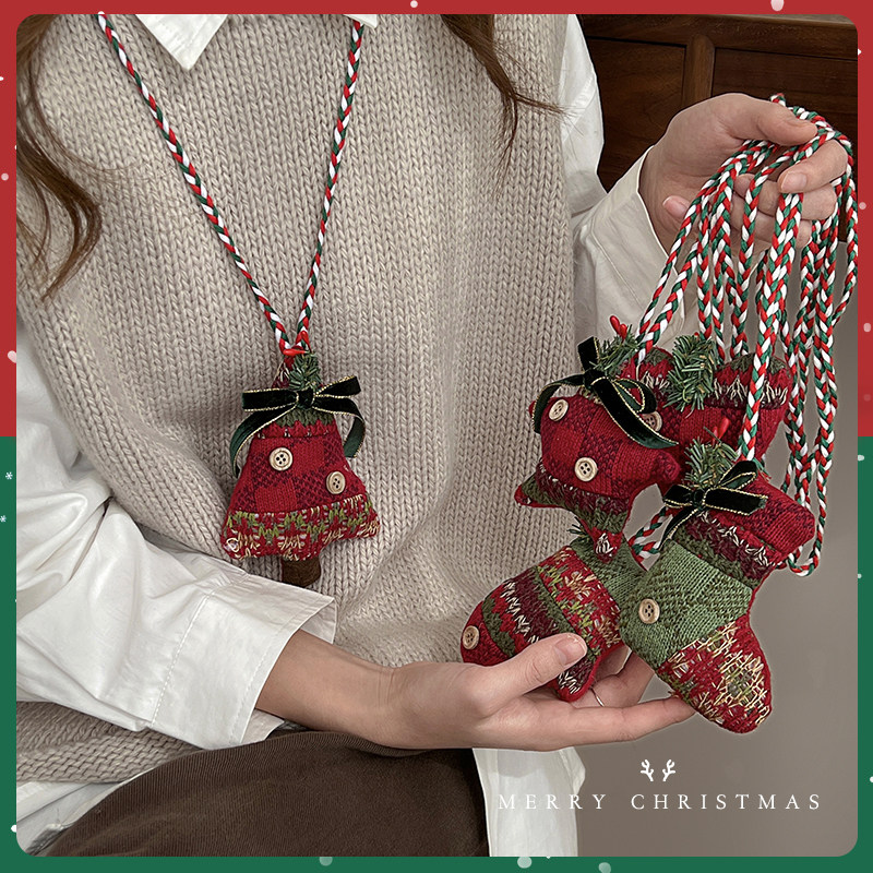 圣诞节装饰手工毛绒挂件项链女创意圣诞树小袜子吊坠毛衣链配饰品