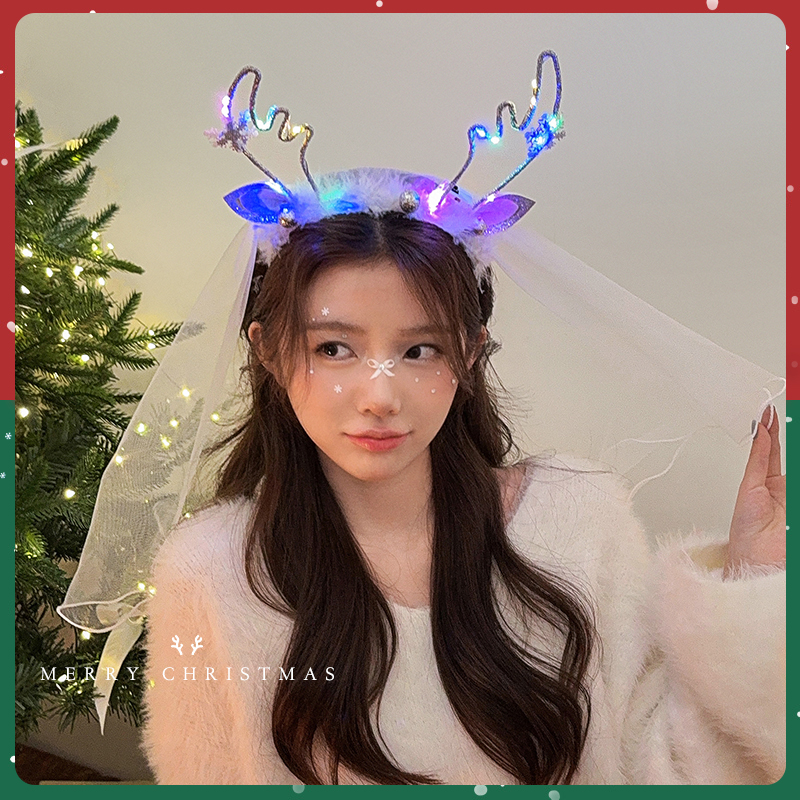圣诞节头饰发光鹿角发箍带灯头纱
