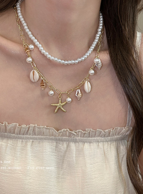 度假风多层叠戴贝壳仿珍珠项链女