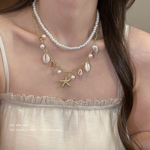 度假风多层叠戴贝壳仿珍珠项链女