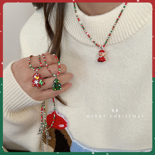 圣诞节彩色串珠项链女款 饰品 可爱秋冬毛衣链氛围感首饰节日配饰装