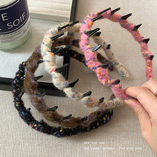 高颅顶彩色毛线带齿波浪发箍女款 毛茸茸头箍洗脸压发卡发饰品秋冬