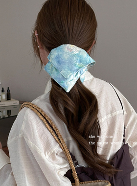 新中式蓝色扎染缎面方巾大肠发圈女2025新款扎头发绳方形头绳皮筋