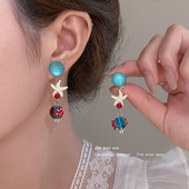 海边度假风蓝色海星琉璃串珠耳钉女适合夏天 耳环耳坠高级感耳饰