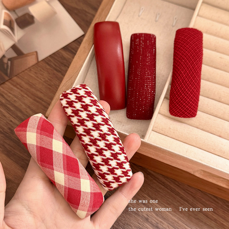 新年红色千鸟格纹侧边刘海夹甜美