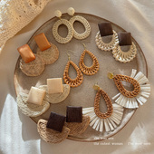 夸张几何圆形藤编耳钉女木质拼接耳环耳饰波西米亚度假风耳坠耳钩