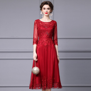 星译酒红色高端贵气网纱裙高腰显瘦大摆刺绣钉钻秋连衣裙女25新款