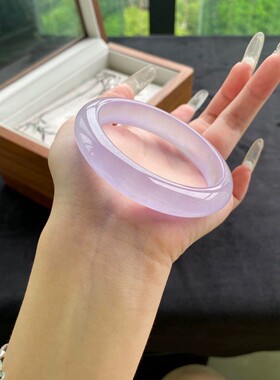 天然缅甸玉镯子浅紫色高冰透翡翠手镯紫罗兰玉镯淡紫细晴水少女款