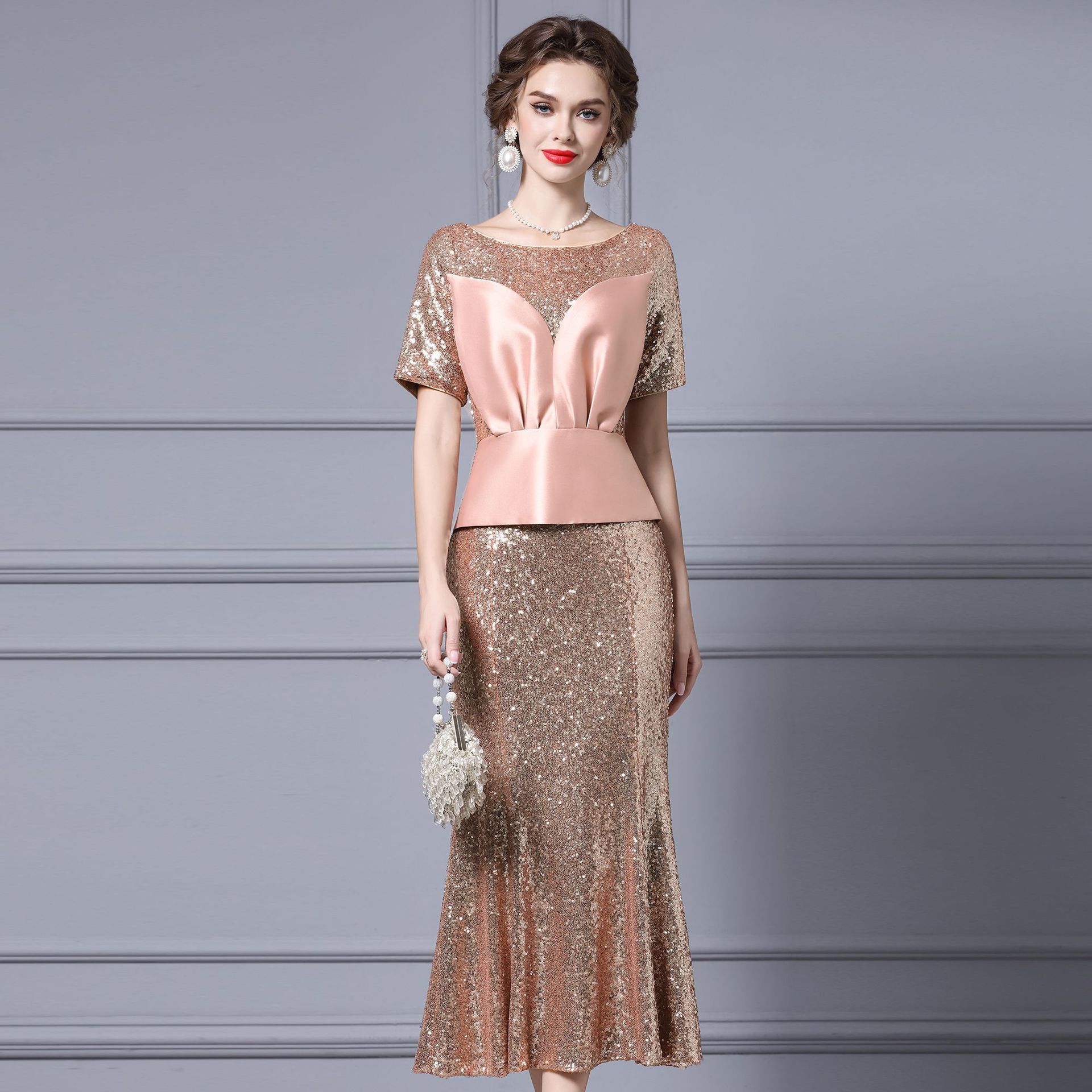 星译设计师精致连衣裙夏女2025新款正式场合亮片假两件长款轻