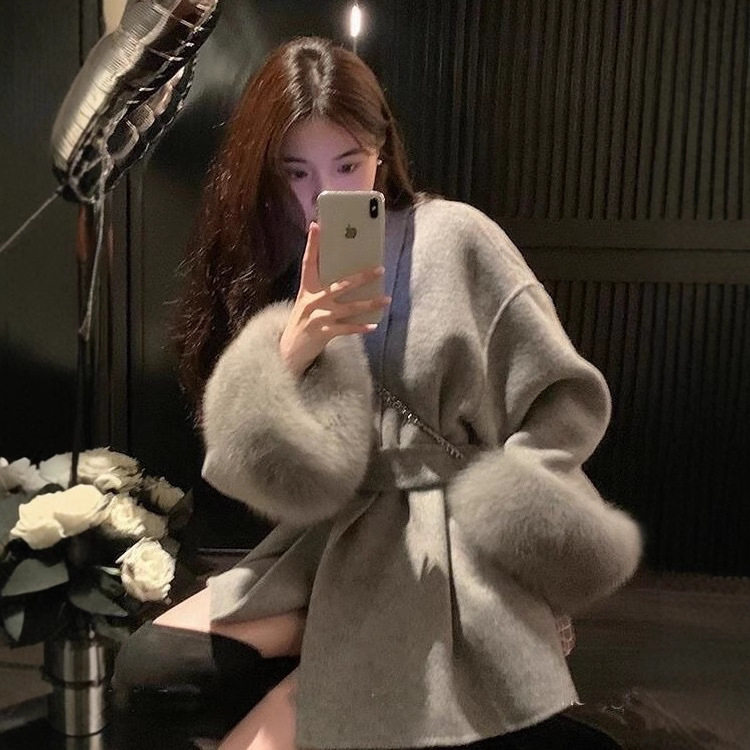 双面羊毛大衣女秋冬中长款毛呢外套2025狐狸毛皮草斗篷浴袍高级