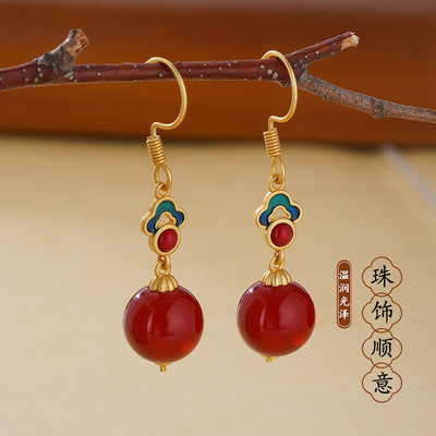 祥云耳环新中式国风耳饰品红色玉石耳钩女配旗袍新年耳坠复古气质